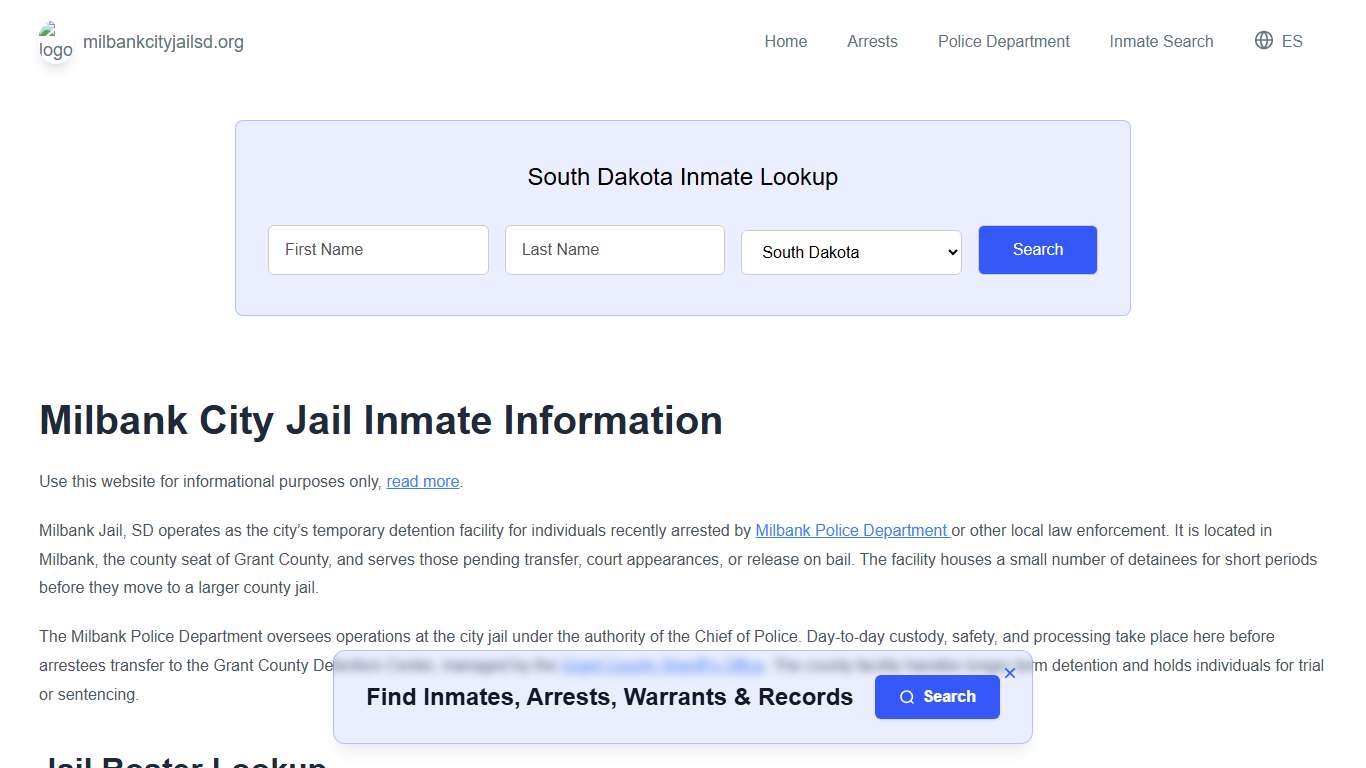 Milbank Jail, SD Inmate Roster, Municipal Jail Info