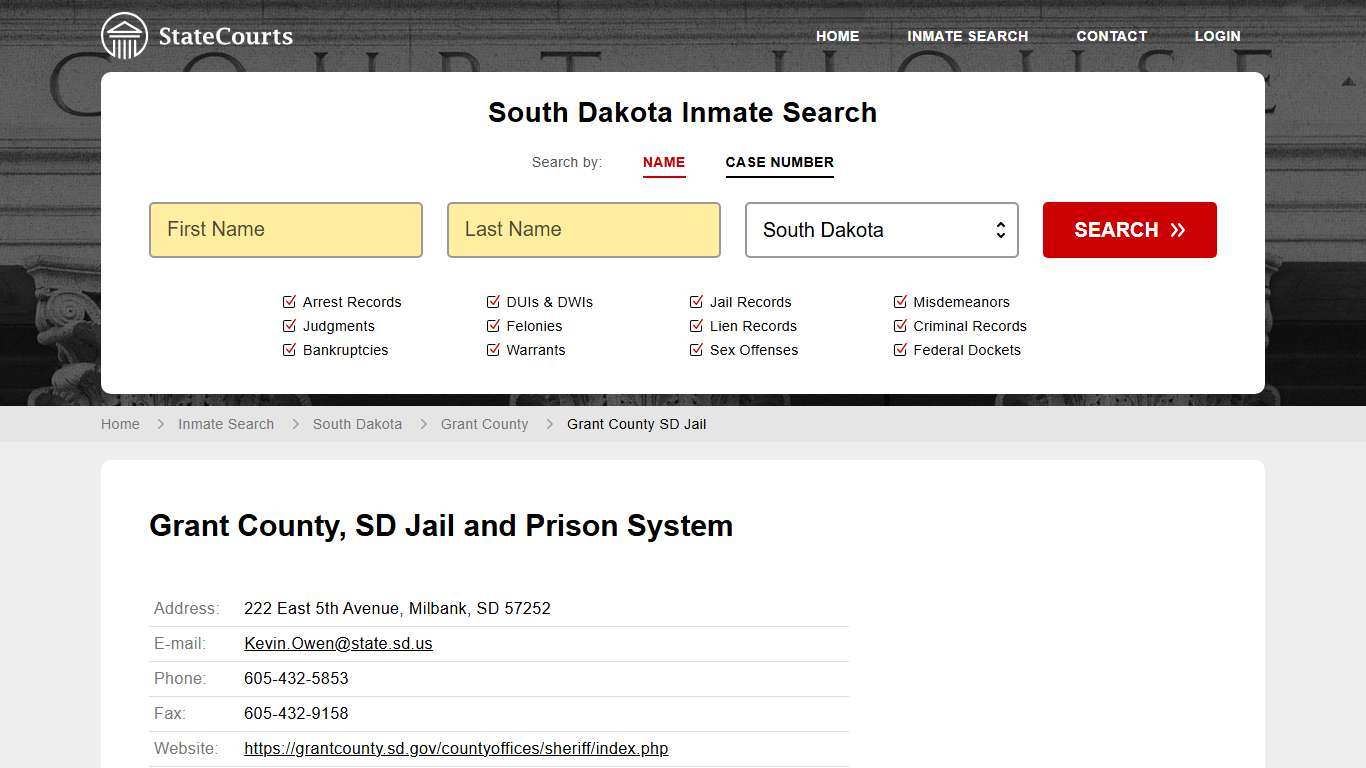 Grant County SD Jail Inmate Records Search, South Dakota - StateCourts