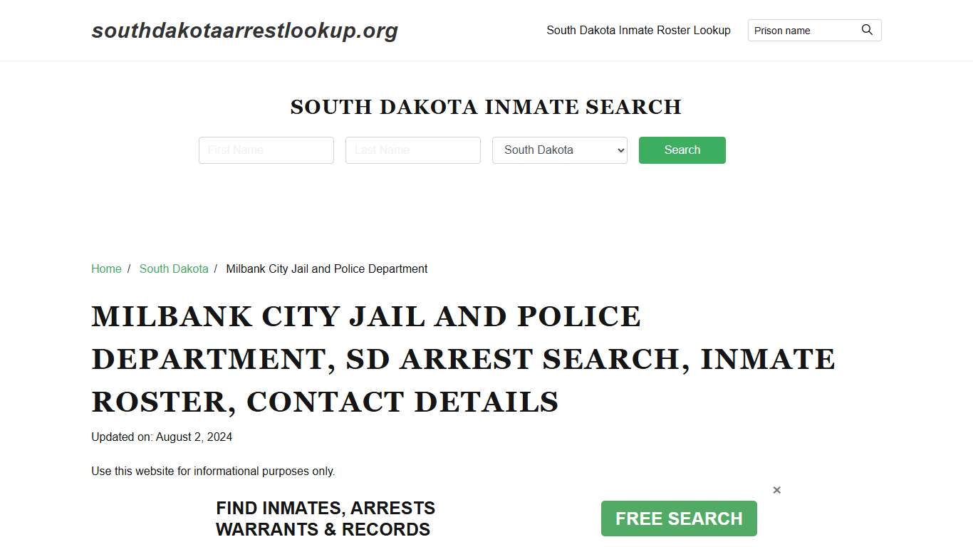 Milbank City Jail, Police Department, SD Arrest Warrant, Jail Roster Lookup